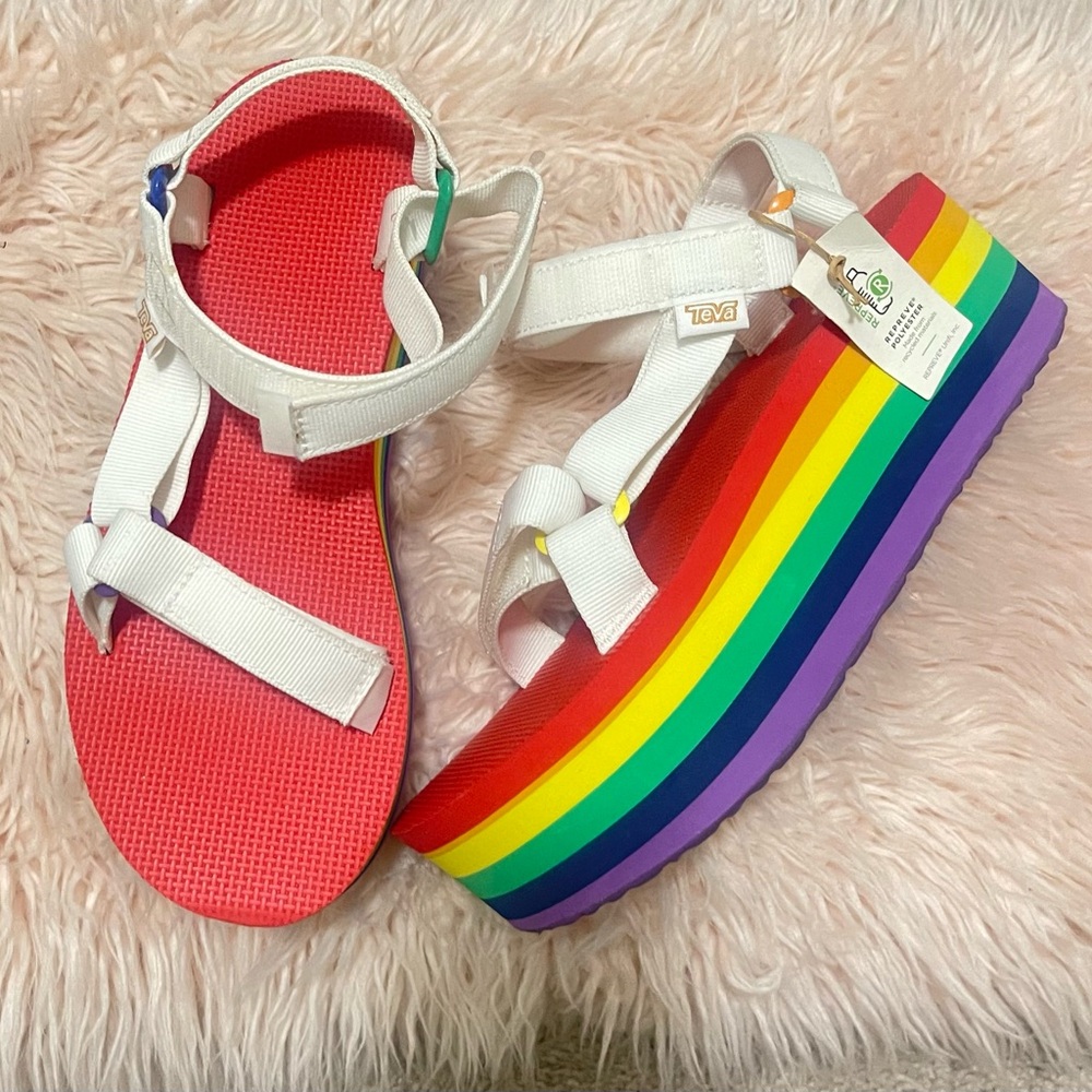 Teva White Strappy Sandals with Rainbow Platform